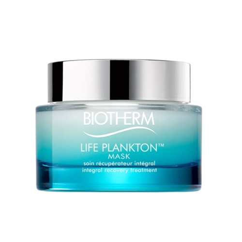 En krukke med Biotherm Life Plankton Mask med sølvlokk og blåaktig krem inni.