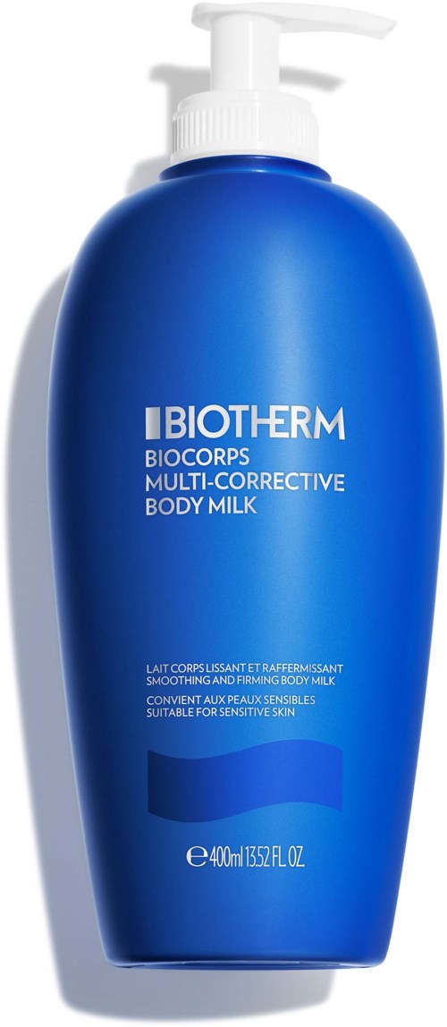 Blå flaske med pumpe, merket Biotherm Bodocare Multi-Corrective Body Milk.