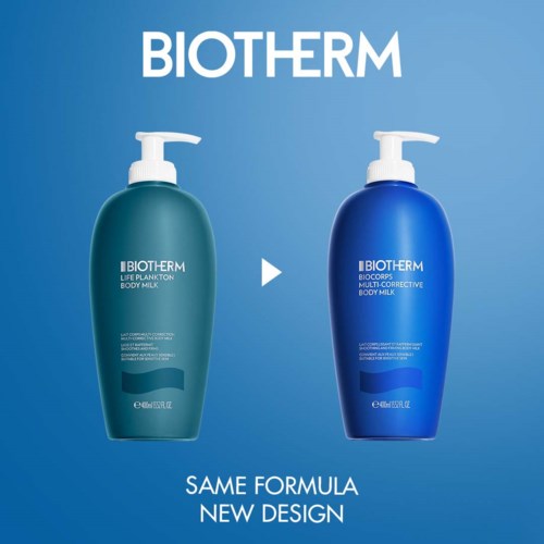 To flasker med Biotherm kroppsmelk, én grønn og én blå, med pumpe. Teksten sier "Samme formel, ny design."