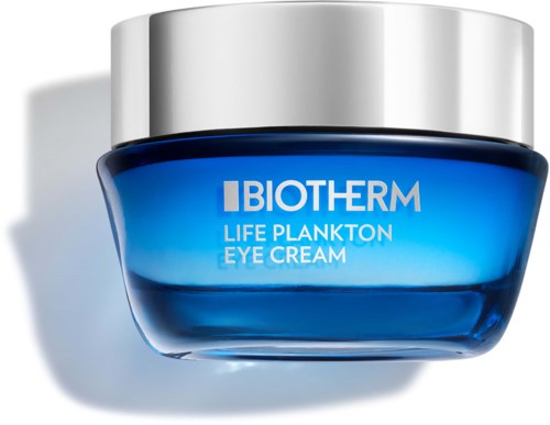 Sininen Biotherm Life Plankton Eye Cream -purkki hopeisella kannella. Purkki on kiiltävä ja sileä.