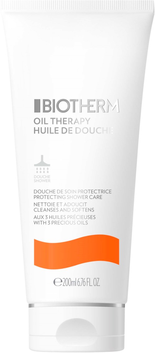 En vit tub med Biotherm Oil Therapy duschgel med orange design, 200 ml. Den rengör och skyddar huden.