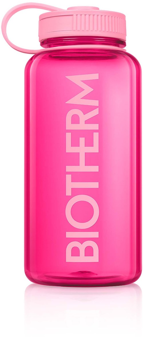 Rosa Biotherm-vattenflaska med skruvkork och logga på framsidan.