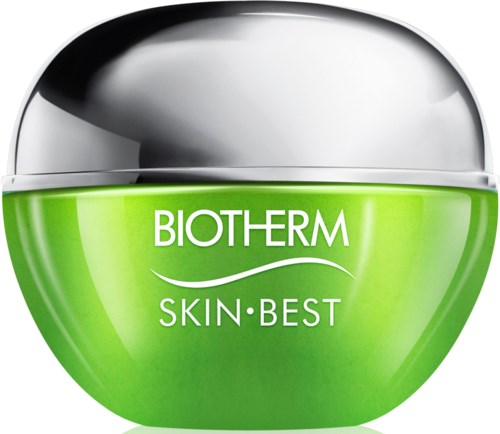 En grön och silver burk med Biotherm Skin Best-kräm och ett glansigt lock.