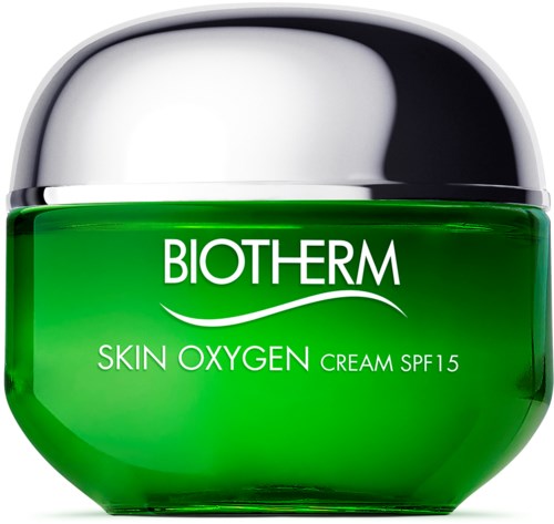 En grön burk med Biotherm Skin Oxygen-kräm med ett silverlock och SPF 15. Varumärket står på framsidan.