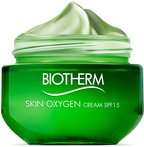 En grön burk med Biotherm Skin Oxygen-kräm med ljusgrön substans ovanpå.