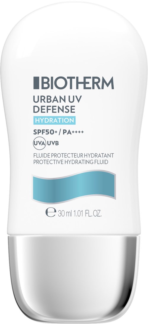 En hvit, rund flaske med Biotherm Urban UV Defense med SPF50+ og UVA-beskyttelse.