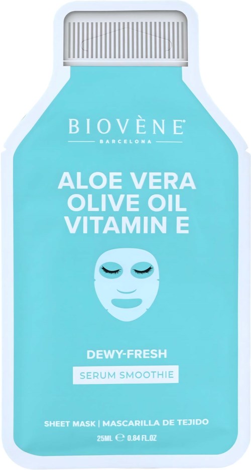 En blå flaske med mærkat der viser aloe vera, olivenolie og vitamin E til en hudplejemaske eller serum.