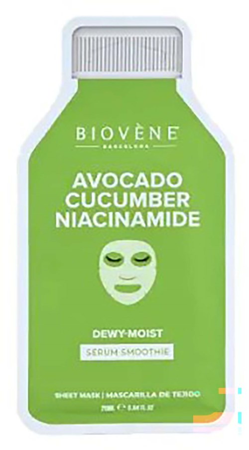 Grøn flaske med ansigtsmaske, indeholder avocado, agurk og niacinamide til hudpleje.