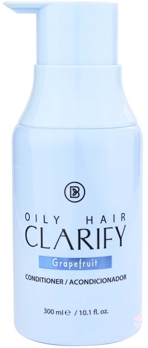 En lyseblå flaske med Oily Hair Clarify balsam med grapefrugtduft, 300 ml.