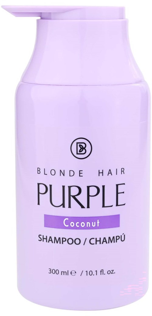 En lavendel-farvet shampoo-flaske med pumpe, mærket til blondt hår, kokosduft, 300 ml.