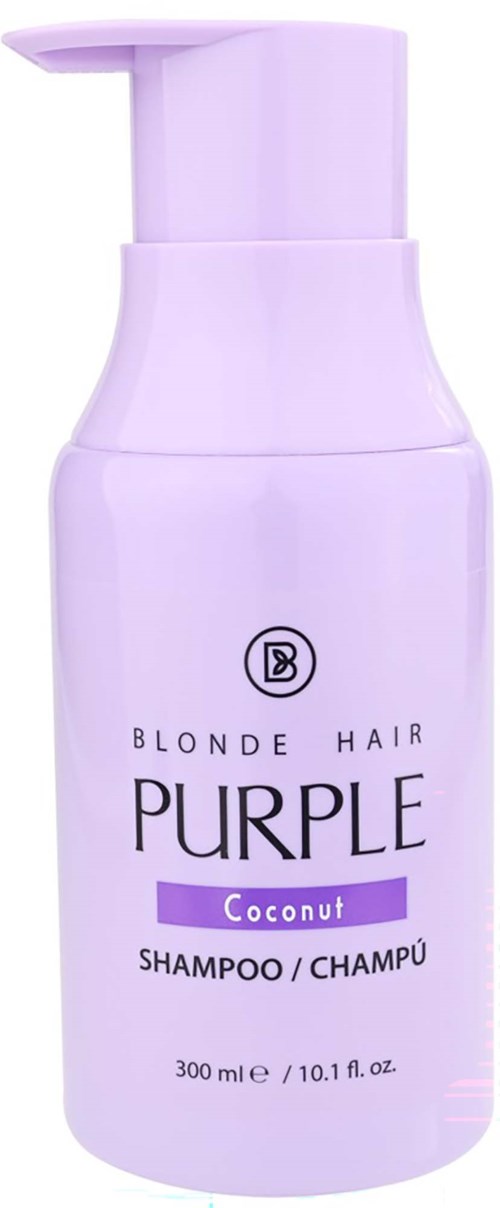 En lavendelfarvet flaske af Blonde Hair Purple Shampoo med kokosduft, 300 ml, og pumpe.