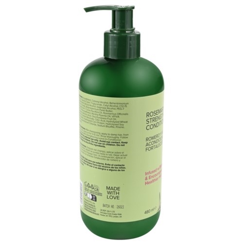 Eine grüne Flasche Rosemary Strengthening Conditioner mit Pumpe, Etikett mit Inhaltsstoffen und Produktdetails.