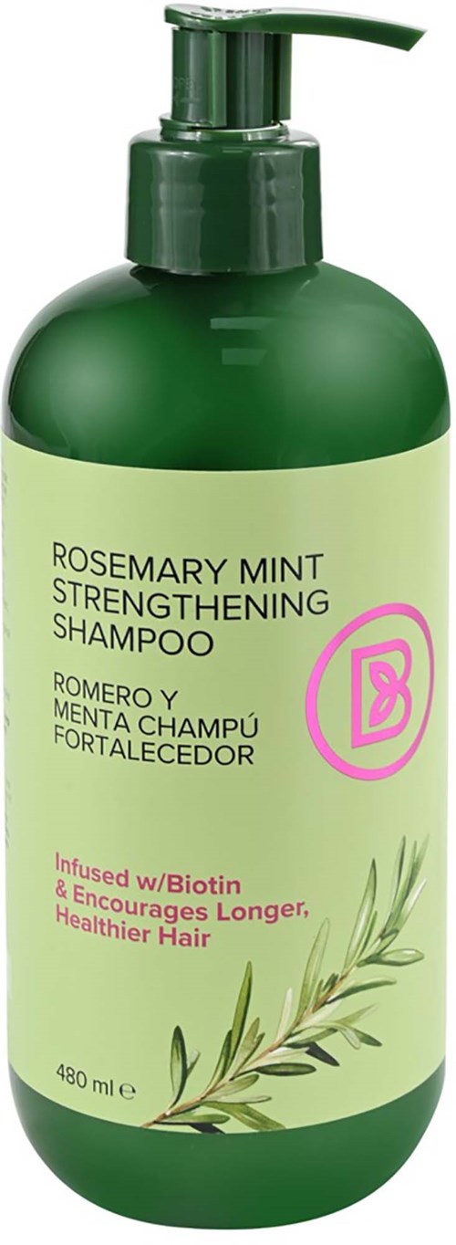 Groene fles met rozemarijn-munt versterkend shampoo met pomp. Het belooft gezonder haar langer te houden.