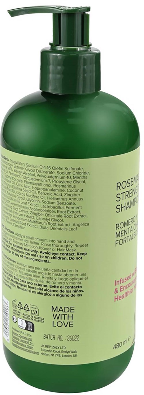Groene fles met pomp, label noemt rozemarijn, versterkende shampoo en kruiden.