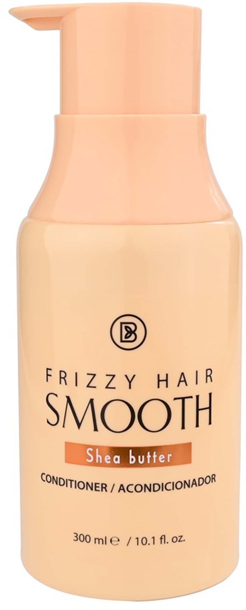 Hiusvoidepullo, merkitty Frizzy Hair Smooth Shea Butter, 300 ml. Vaaleanbeige väri ja pinkki pumppu.