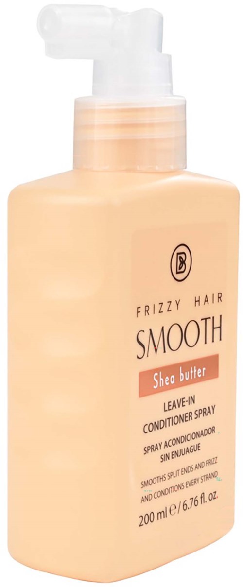En flaske Shea Butter leave-in conditioner spray til kruset hår, 200 ml, lys beige farve med pumpe.