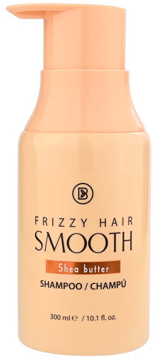 Pullo kahdella pumppupulla, beige ja oranssilla tarralla oleva Frizzy Hair Smooth Shea Butter shampoo.