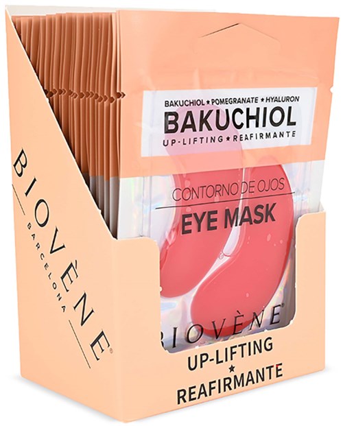 Boks med øjenmasker med rosa gel, mærket Bakuchiol, granatæble og hyaluronsyre, til løft og fasthed.