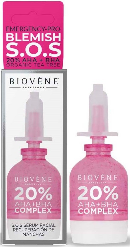 Två rosa flaskor och en ask visar en ansiktsserum för finnar, med 20% AHA och BHA, ekologiskt te-träd.