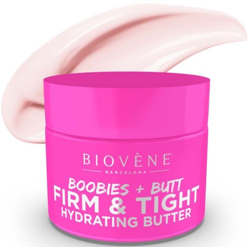 Liten rosa krukke med fuktighetsgivende smør for bryster og rumpe, lover fast og stram hud, med krem bak.