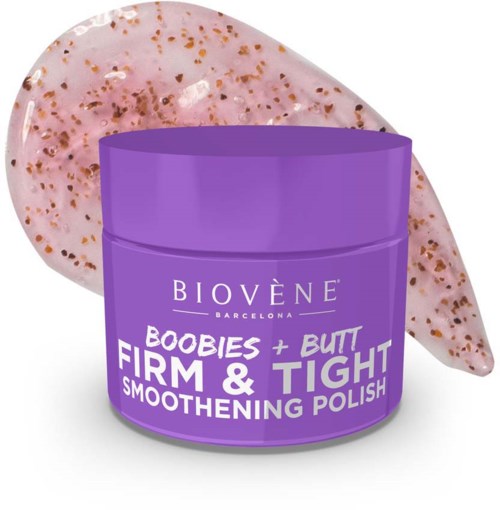 Lila behållare av Biovène fast och tight slätande poleringsprodukt med rosa spräcklig sten bakom.