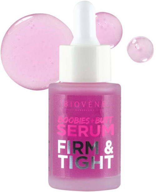 Rosafarvet serumflaske med pipette og bobler, med tittelen 'Mobiles+But Serum Firm & Tight' av Biovène.