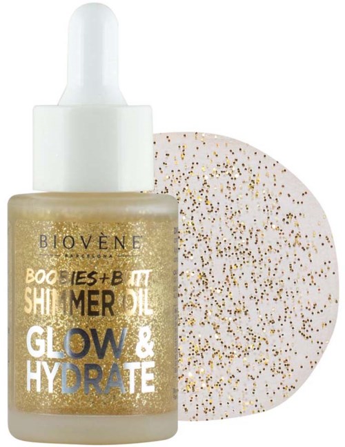 En liten flaske med gullglød og hydratiseringsserum med en hvit pipette, ved siden av en hvit pute dekket med gullglitter.