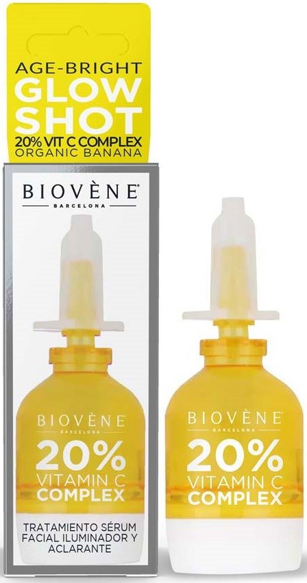 Biovène 20% Vitamin C Complex -seerumrasia, keltainen ja valkoinen pakkaukset ja pipetti.
