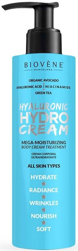 Sininen pullo pumpulla, nimeltä 'Biovène' ja 'Hyaluronic Hydro Cream' kaikille ihotyypeille, auttaa kosteuttamaan, hehkumaan ja ravitsemaan.
