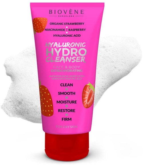 Valkoinen vaahtomainen tausta ja pinkki putki, jossa lukee 'Hyaluronic Hydro Cleanser' ja siihen on kuva jordukorista ja palasta.