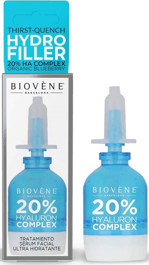 Niebieska butelka z dozownikiem, oznaczona 'Biovène 20% Hyaluron Complex,' wskazuje, że to serum do twarzy.