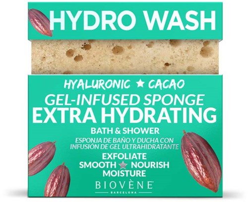 Hydro Wash-etiketten med text om en svamp, hydrering, exfoliering, släthet och näring.