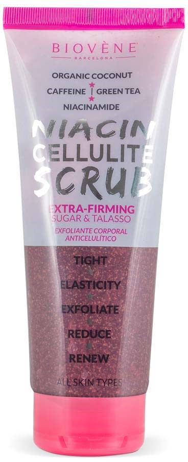 Pinkki ja valkoinen puteli nimeltä Niacin Cellulite Scrub kiristämiseen, elastisuuteen, kuorintaan, vähentämiseen ja uudistamiseen.