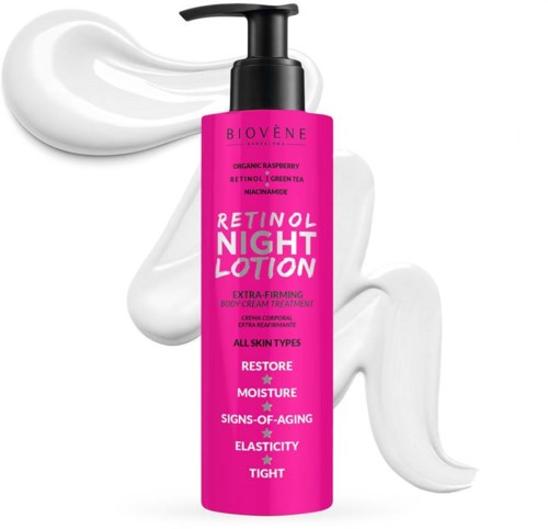 Rosa flaske med Retinol Night Lotion for hudfasthet og anti-aldring, med hvit krem og væske rundt den.