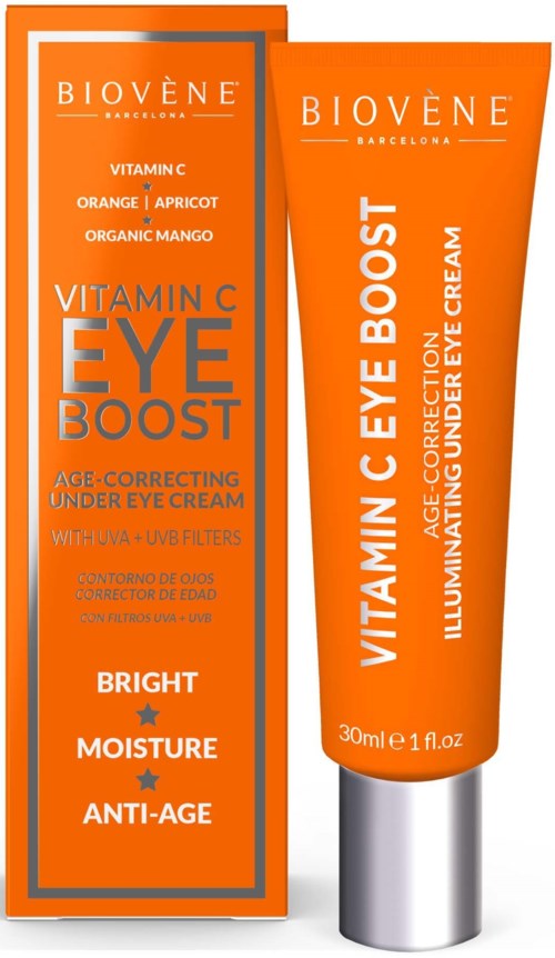 Lys oransje tube og matchende eske for øyekrem, etiketten viser nøkkel ingredienser som vitamin C, appelsin, aprikos og mango.