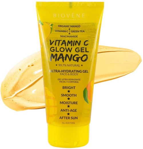 Keltainen Vitamin C -geeliputki mangon tuoksulla, korostaa kirkkautta, sileyttä, anti-ikääntä ja kosteutta kaikille ihotyypeille.