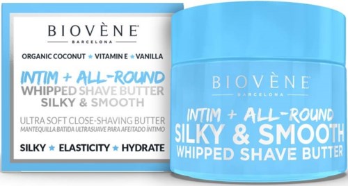 Blå beholder og eske med Biovène barberkrem, gir glatt, myk hud, inneholder kokos, E-vitamin, vanilje.