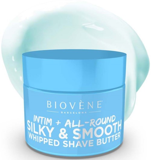 En blå beholder med Biovene whipped shave butter som lover glatt og silkemykt barberingsresultat.