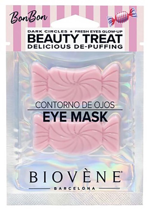 Luckerformad ögonmask i rosa som ser ut som ett band inom ett glänsande plastpaket med rosa och vita ränder.