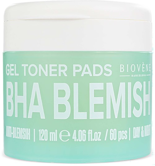 Et glass med gel toner pads merket BHA Blemish med 60 pads, 120 ml kapasitet, i en grønn og hvit beholder.