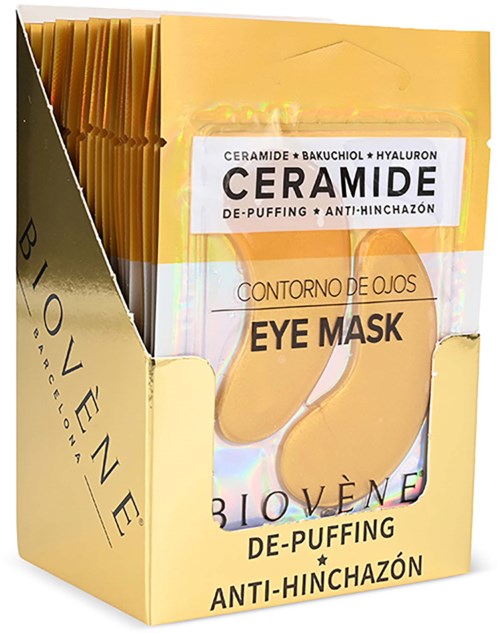En æske med flere små poser til øjenmaske med ingredienser som ceramide, hyaluronsyre og bakuchiol.