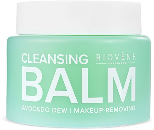 Et glasrensende balsam med avocado dew, til makeup-fjernelse, pastelgrøn farve, hvid låg.
