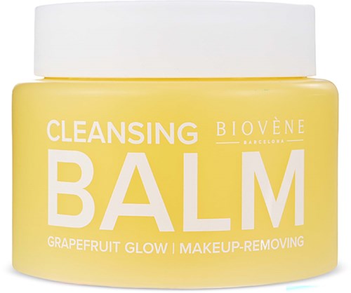En gul glas med Biovène rengøringsbalm med hvid tekst, herunder ord som balm, grapefruit glow og makeup-fjernelse.
