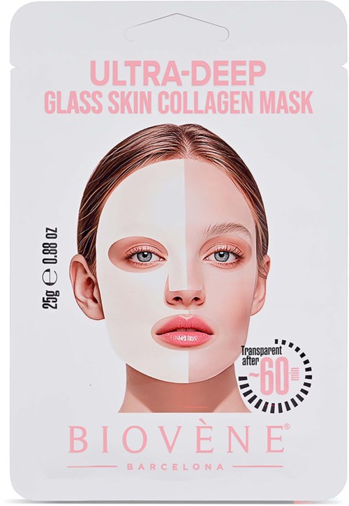Pakning for en ultra-tykk glasskinn kollagenmaske med et kvinnelig ansiktet som viser halv maske og halvt naturlig hud.