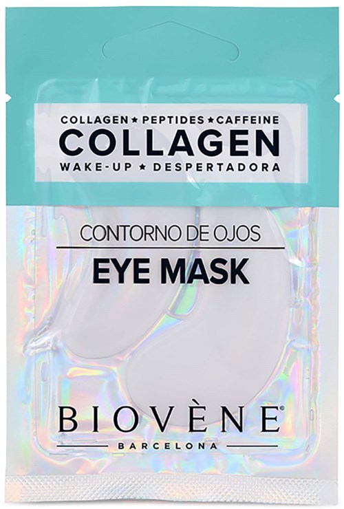 Litet blått paket med ögonmask märkta Collagen, Peptides, Caffeine och Biovène Barcelona. Designad för ögonkontur.