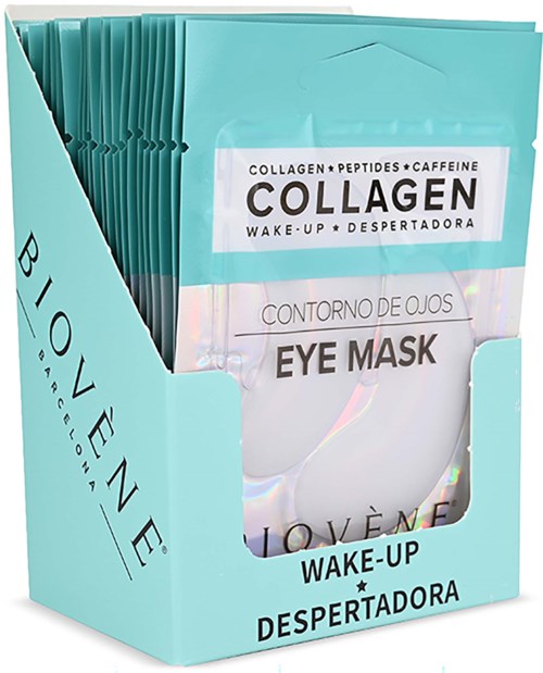 Låda med kollagenögonmasker märkt som wake-up och väckning, med ögonbilder och produktdetaljer.