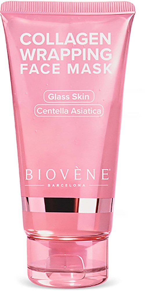 Lys rosa tube mer tekst om Collagen Wrapping Face Mask med ingredienser Glass Skin og Centella Asiatica fra Biovène.
