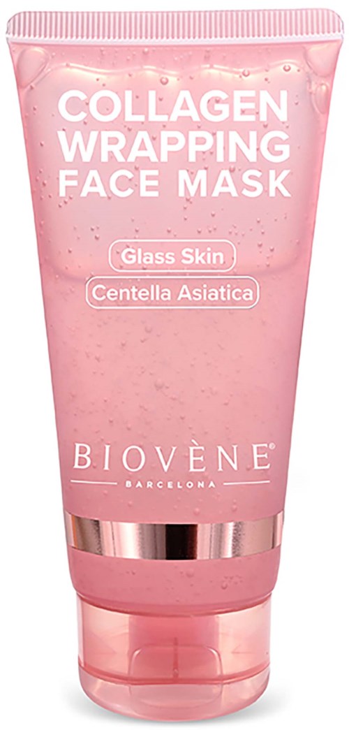 Rosa tube med kollagen ansiktsmaske med ingredienser for glasskinn og centella asiatica. Biovène Barcelona er merket.