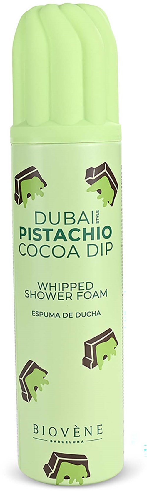 En lang, grøn beholder med skummende badskum med pistacienødder og tekst om Dubai pistachio cocoa dip.