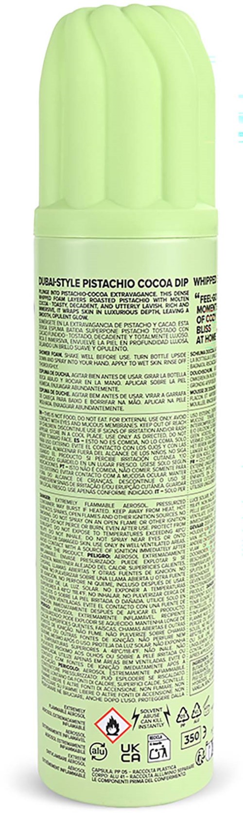 Grøn cylindrisk beholder med blød, rund top og detaljeret etikette med ingredienser og advarsler.